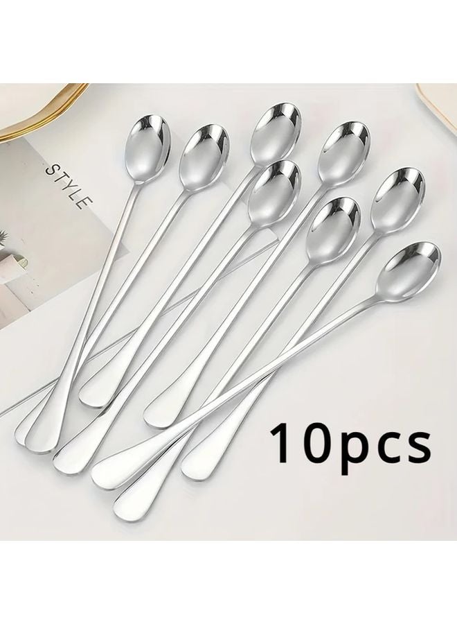 10pcs Silvery Stainless Steel Long Handle Spoons Set Dishwasher Safe Kitchen Utensils - Image 1